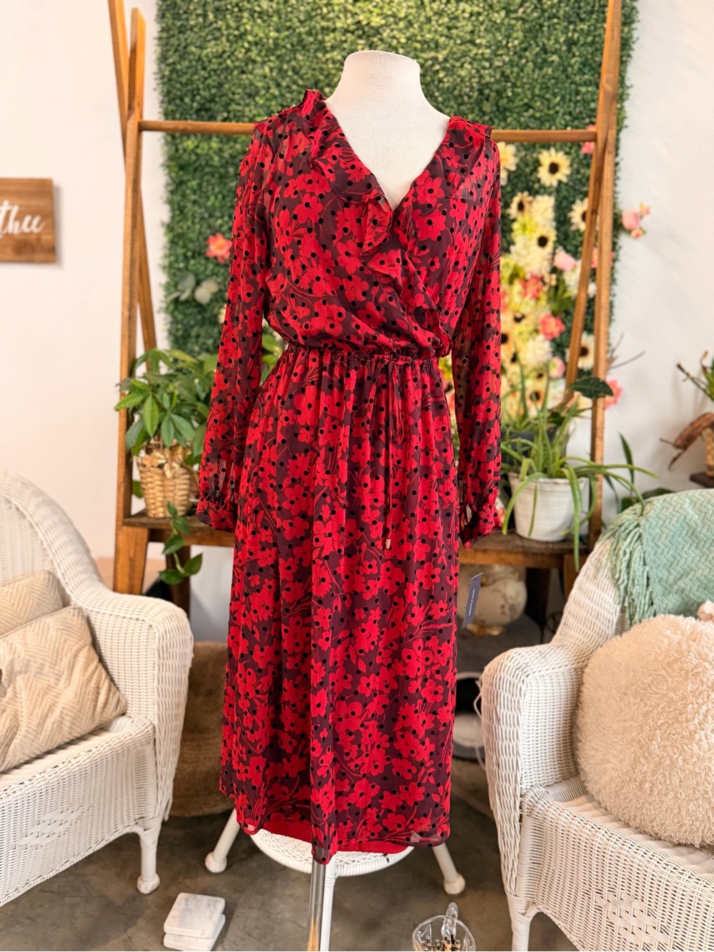 Tommy Hilfiger Red and Black Floral Wrap Midi Dress